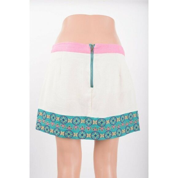 Champagne & Strawberry Mini Skirt Size M Floral White Pink Turquoise Embroidery - Picture 3 of 8
